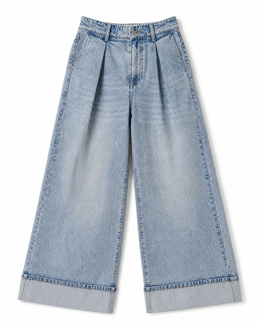 SO ME Mid Rise Pleated Wide Leg Denim Jeans | Cuffed Wide Leg Statement Jeans