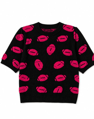 Game Day Football Short Sleeve Sweater | Retro Football Print Puff Sleeve Knit Top