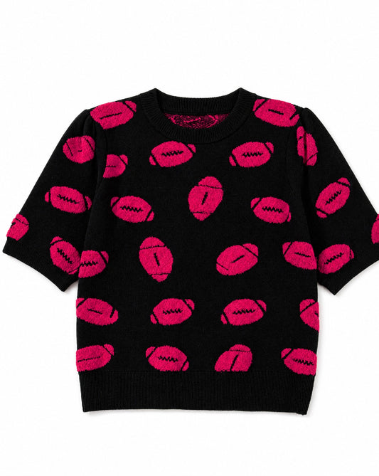 Game Day Football Short Sleeve Sweater | Retro Football Print Puff Sleeve Knit Top
