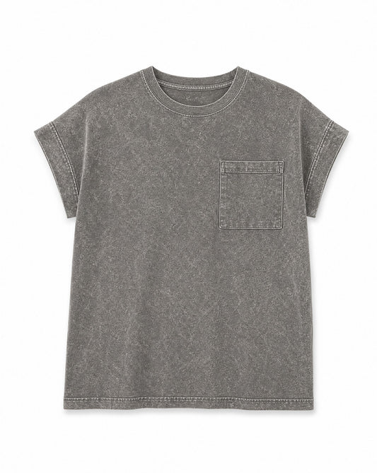 Zenana Halo Snow Washed Cuffed Short Sleeve Tee | Vintage Washed Pocket T-Shirt