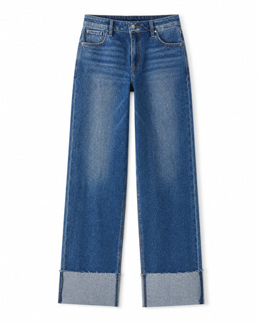 RISEN Mid Rise Wide Straight Jeans With Wide Cuff | Relaxed Cuffed Wide Leg Denim