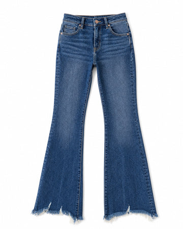 RISEN Full Size Mid Rise Flare Frayed Hem Jeans Plus Size | Retro Flare Denim with Frayed Hem