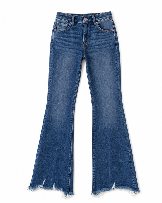 RISEN Full Size Mid Rise Flare Frayed Hem Jeans Plus Size | Retro Flare Denim with Frayed Hem