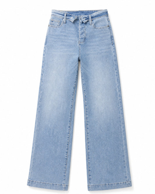 Judy Blue Mid Rise Retro Wide Leg Jeans with Fold-over Waistband