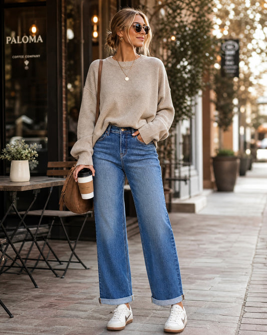 RISEN Full Size High Rise Relaxed Fit Ankle Straight Cuff Jeans Plus Size | Relaxed Cuffed Straight Leg Denim