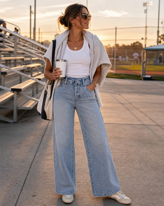 Judy Blue Mid Rise Retro Wide Leg Jeans with Fold-over Waistband