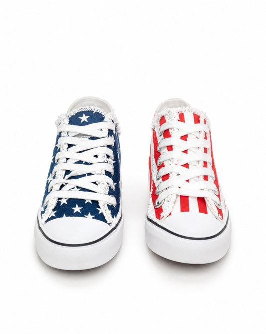 Blue Red Round Toe Casual Canvas Sneakers | Americana Flag Frayed Edge Sneakers