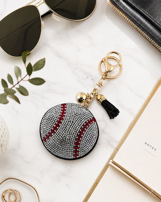 Crystal Baseball Key Charm | Sparkly Baseball Bag Charm & Rhinestone Keychain