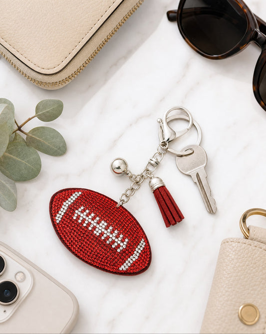Red Rhinestone Football Keychain | Sparkly Game Day Bag Charm
