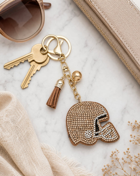 Topaz Football Helmet Rhinestone Keychain | Game Day Sports Bag Charm