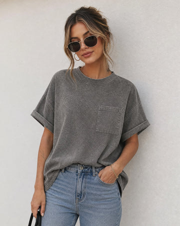 Zenana Halo Snow Washed Cuffed Short Sleeve Tee