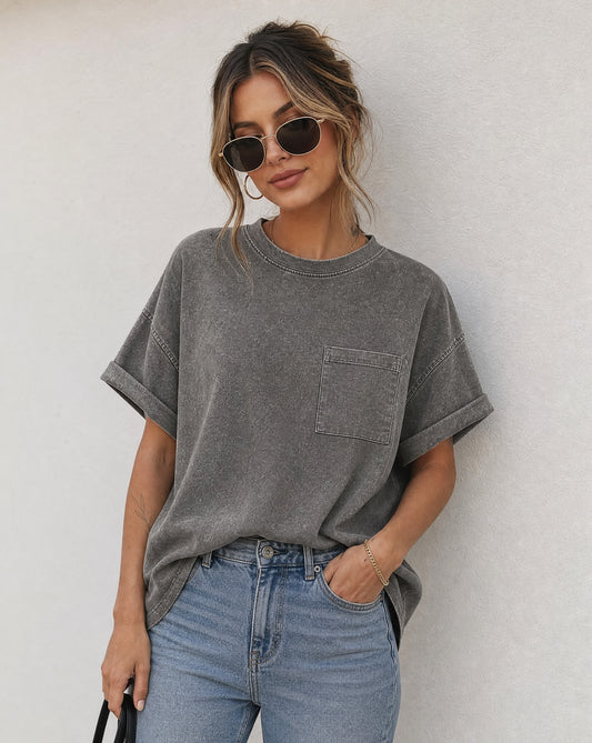 Zenana Halo Snow Washed Cuffed Short Sleeve Tee | Vintage Washed Pocket T-Shirt