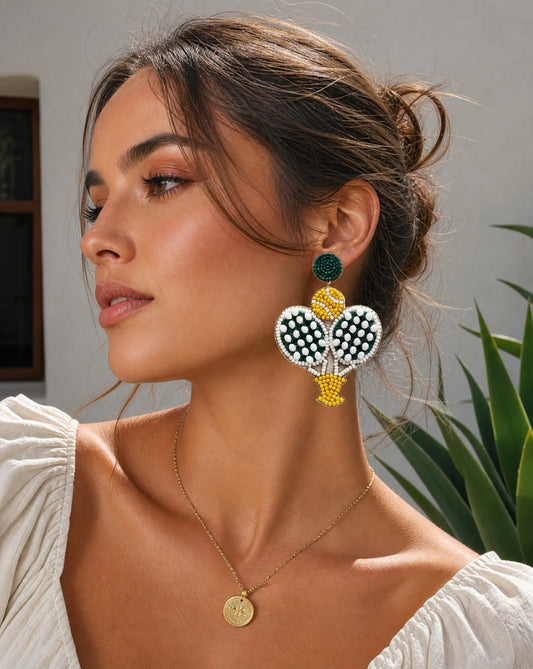 Handmade Beaded Tennis Earrings | Statement Tennis Racket Earrings